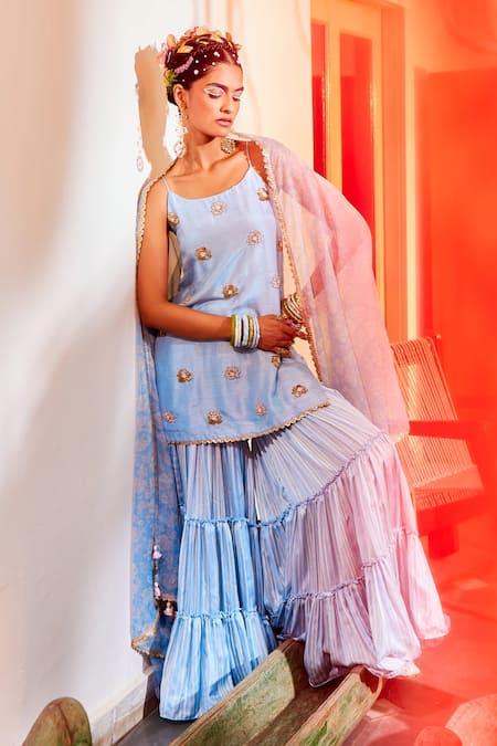 Mona And Vishu Blue Dupion Silk, Dupatta Georgette, Sharara Modal Embroidered Kurta Set 