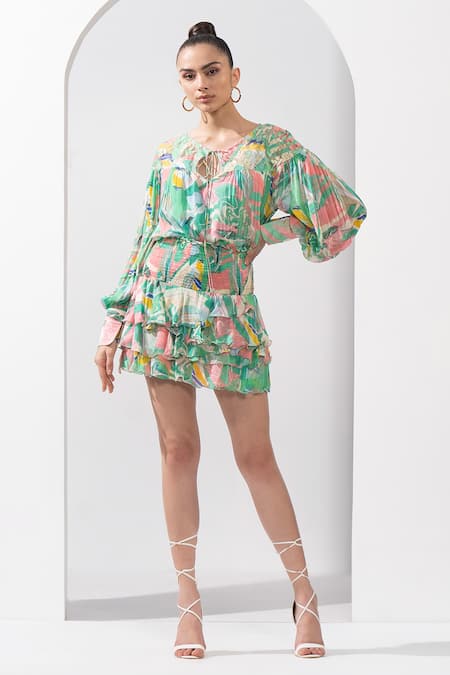 Mandira Wirk Green Chiffon - Chantley Printed Abstract Round Top And Skirt Set 