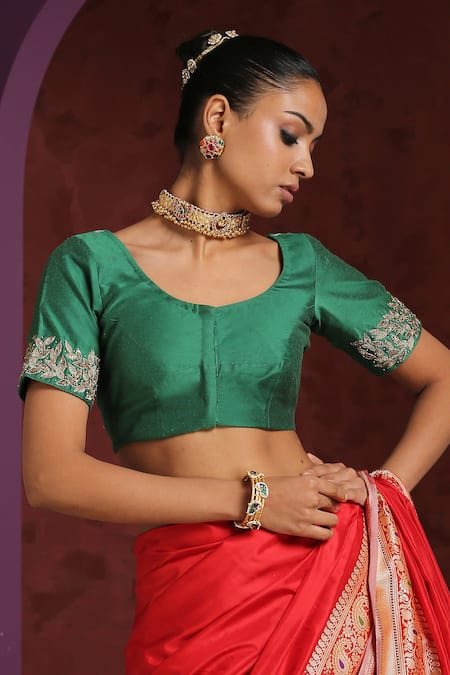Weaver Story Green Pure Silk Embroidery Zardozi Round Blouse