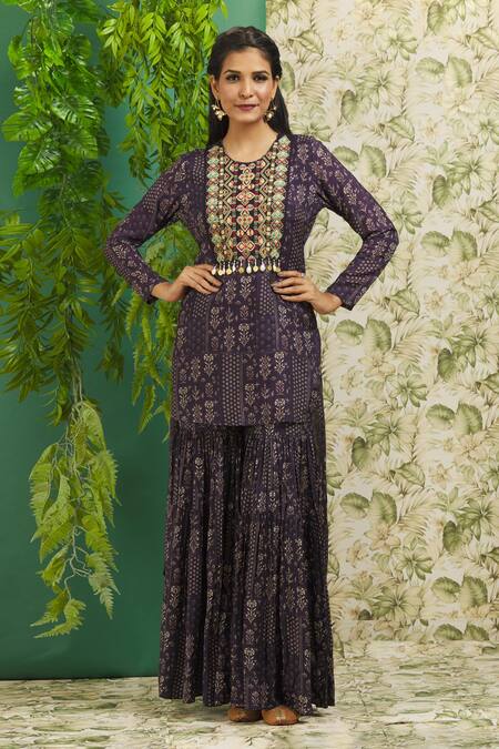 Buy Purple Muslin Printed Floral Round Kurta And Gharara Set For Women ...