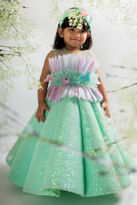 Lil Angels Green Embellished Feather Structured Gown 