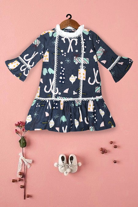 Pankhuri By Priyanka Blue Flannel Lace Christmas Print Dress 