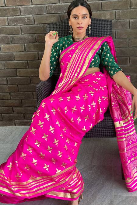 Buy Masaba Pink Foil Print Silk Saree Online at Aza Fashions Buy_Masaba_Pink Foil Print Silk Saree_Online_at_Aza_Fashions