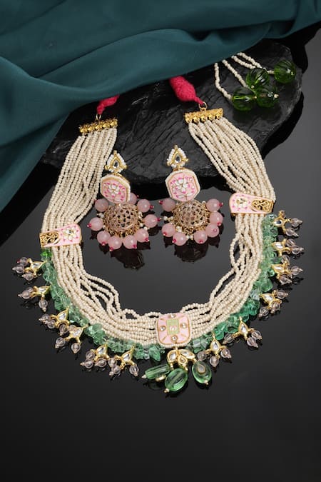 Dugran By Dugristyle Pink Pearls, Stones, Gota Patti Layered Necklace Set