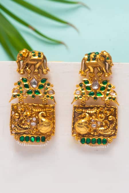 Zevar By Geeta Gold Plated Crystals, Stones Elephant And Peacock Motif Embellished Earrings 