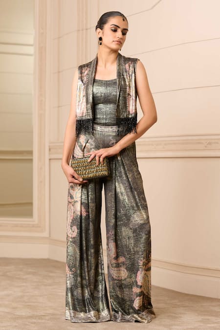 Tarun Tahiliani Foil Jersey Paisley Print Gilet 