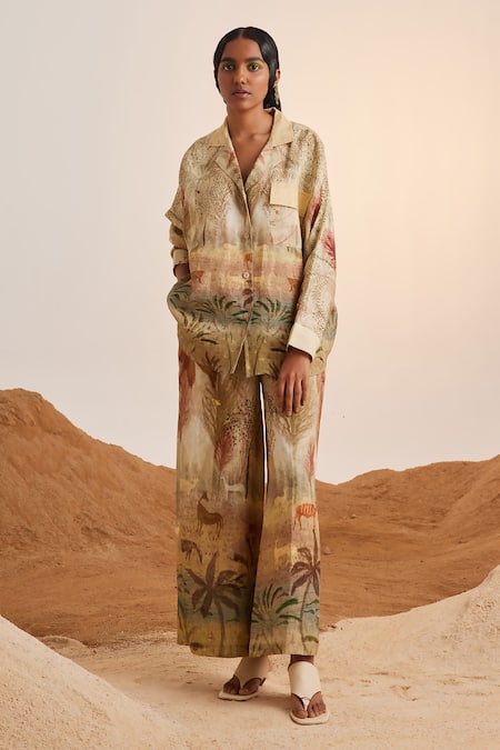 Cord Beige Linen Printed Botanical Notched Lapel Shirt And Flared Pant Set 