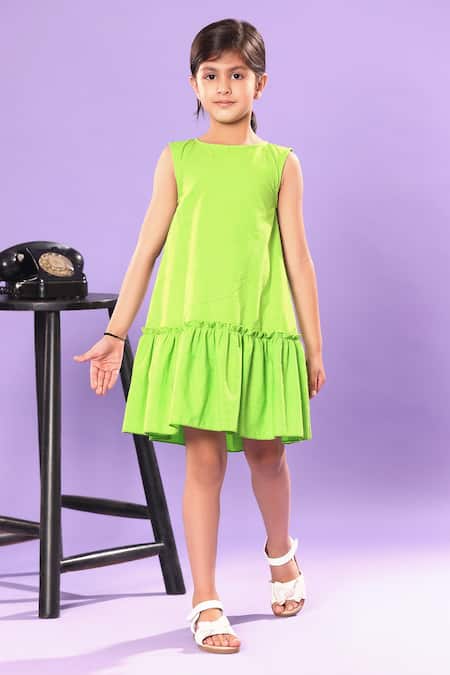 Littlecheer Green Cotton Ruffled And Tiered A-line Dress