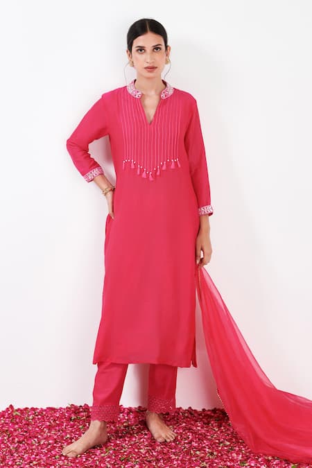 Label Flamingo By Vrinda Pink Cotton, Silk, Organza Pearls, Sequins, Pintuck Bodice Kurta Pant Set 
