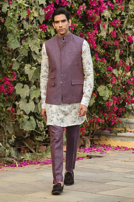 Raw & Rustic By Niti Bothra Purple Cotton, Linen Embroidery Floral Printed Kurta Set With Bundi 