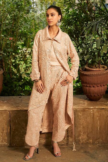 Shop_Twenty Nine_Ivory Georgette Hand Embroidered Mirror Slit Pant _Online_at_Aza_Fashions