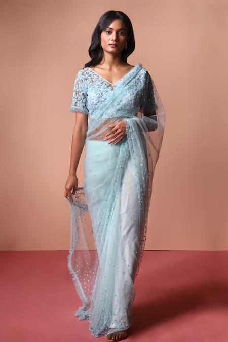 Soha by Harleen and Sona - Blue Net Embroidered Sequin V Sheer Embellished  Saree With Blouse For Women