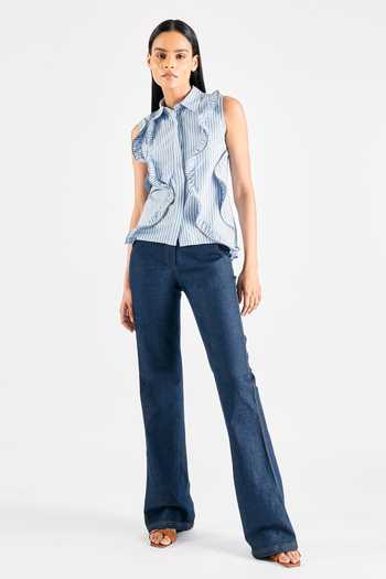 Buy Mellowdrama Blue Cotton Striped Pattern Frilled Shirt at Aza Fashions Buy_Mellowdrama_Blue Cotton Striped Pattern Frilled Shirt_at_Aza_Fashions