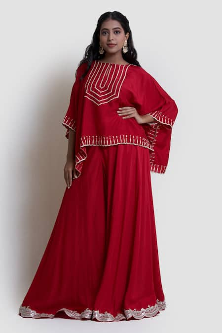 Brij Red Spun Silk Embroidered Kanchi Tissue Scalloped Hem Cape And Flared Pant Set 