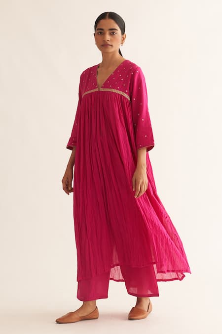 Dot Pink Cotton Hand Embroidered Resham And Pitta Work Mrinal Pleated Kurta & Pant Set