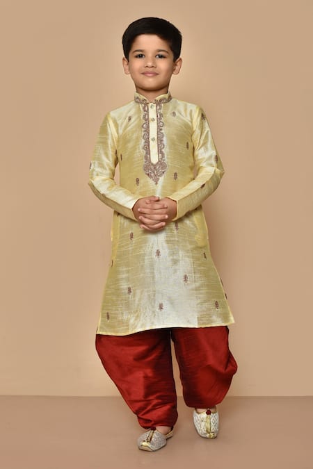 Petite Pomme Beige Silk Embroidery Floral Pattern Kurta And Maroon Patiala Pant Set 
