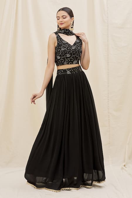 Buy Black Crop Top Satin Embroidery Stone Waistband Georgette