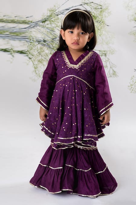 Lil Angels Purple Chikankari Embellished Floral Sequin Kurta And Gharara Set 