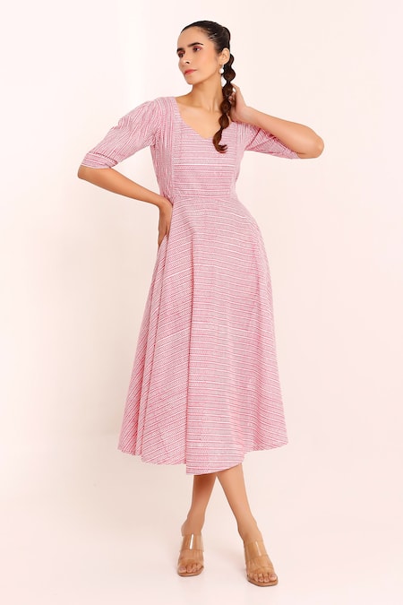 Pheeta Pink Cotton Printed Striped Leaf Neck Dress 