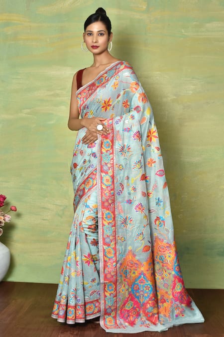 Nazaakat by Samara Singh Sky Blue Kashmiri Cotton Silk Woven Floral Motifs Bouquet Saree