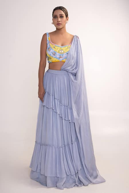 Merge Design Embroidered Blouse & Tiered Lehenga Set 