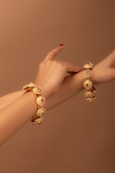 Tizora White Kundans And Meenakari Pacheli Bangles - Set Of 2 