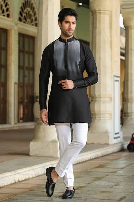 Raw & Rustic by Niti Bothra Black Banarasi Chanderi Silk Embroidered Thread Kurta 