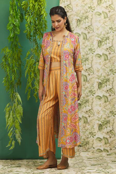Buy Samyukta Singhania Yellow Muslin Sequins, Embroidery Mandarin Collar Floral Print Jacket And Pant Set Buy_Samyukta Singhania_Yellow Muslin Sequins, Embroidery Mandarin Collar Floral Print Jacket And Pant Set