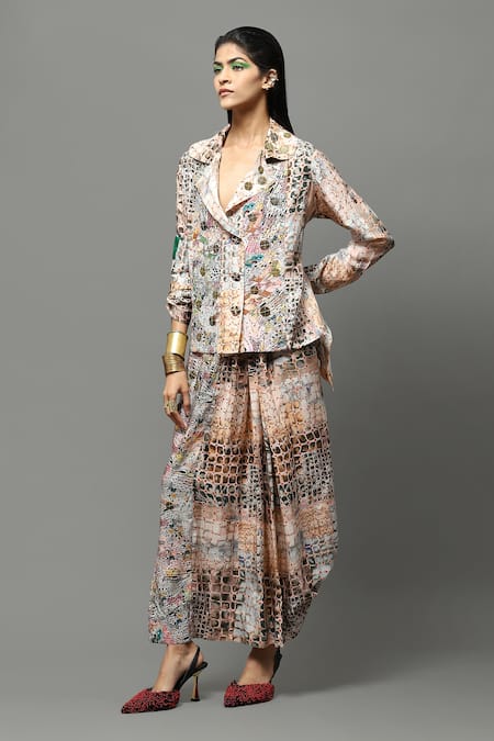 AK-OK Multi Color Silk Embroidery Collared Abstract Print Top And Draped Skirt Set 
