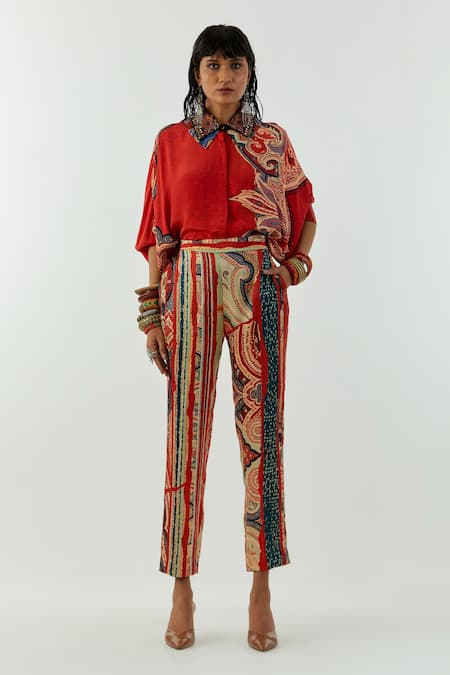 ASEEM KAPOOR Red Natural Crepe Printed Mandala Shirt Collar And Pant Set  