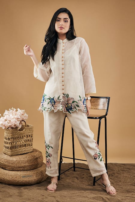 Soup by Sougat Paul - Off White Handloom Net Embroidered Orchid Bloom Top  And Pant Set For Women