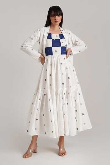 Buy_Indigo Dreams_Blue Handloom , Cut Work Boat Neck, Elsa Jamdani Dress Jacket Set_Online_at_Aza_Fashions