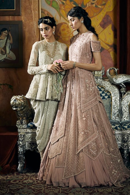 Sahil Kochhar Pink Silk Organza Embroidery Round Neck Shamsa Floral Gown 