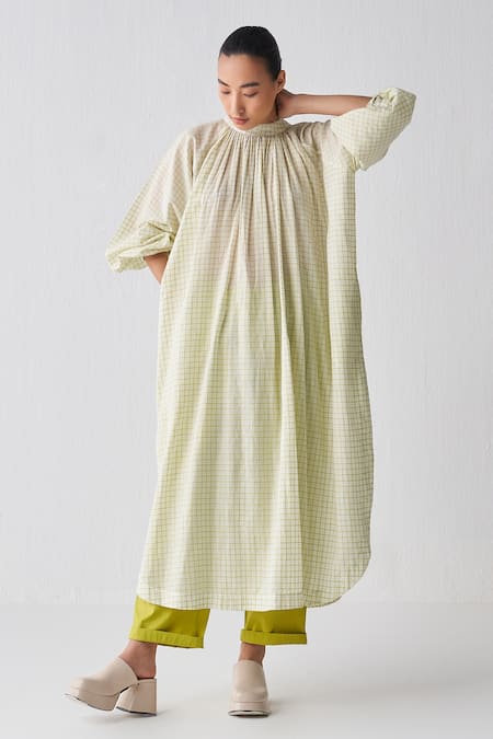 Three Green Tunic Mul Checks Band Collar Lime Checkered And Narrow Pant Set 