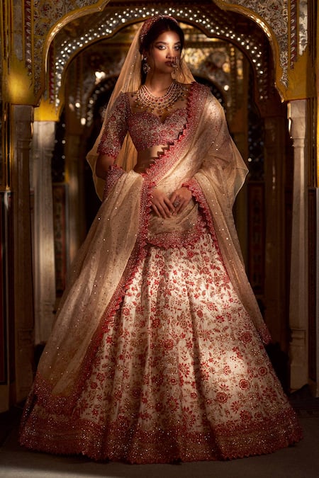 Buy Maroon Raw Silk Embroidered Zardozi Deep V Floral Bridal Lehenga Set  For Women by Nitika Gujral Online at Aza Fashions.