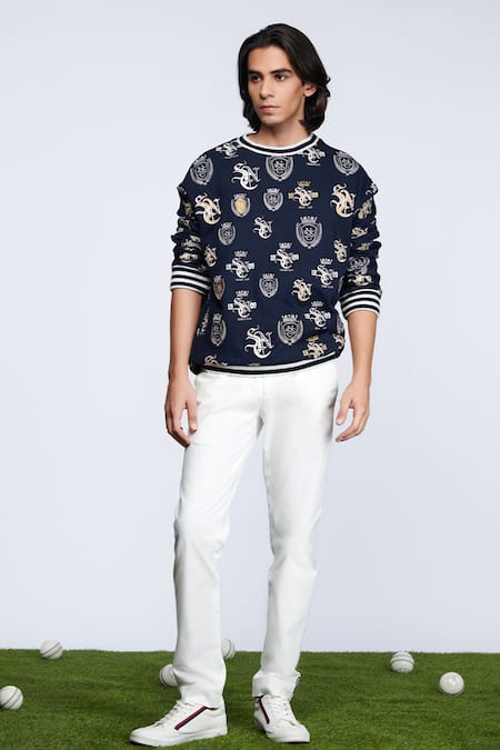S & N By Shantnu Nikhil Blue Viscose, Polyester, Faux Leather Sncc Logo Embellished Sweatshirt 