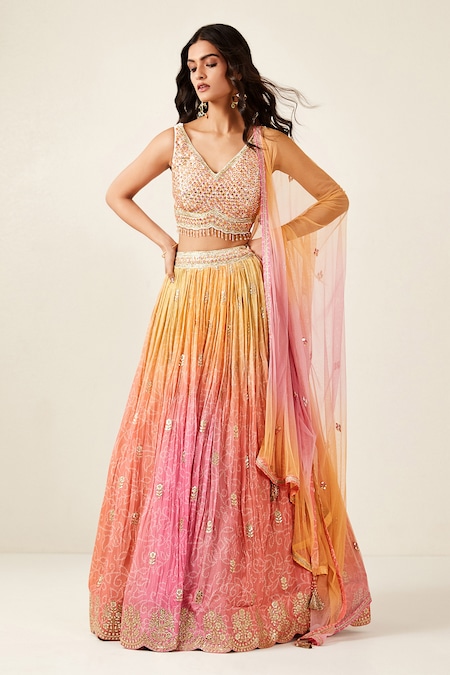 Basanti - Kapde Aur Koffee Pink Chiffon, Net Embroidery, Cut Work, Ombre Effect Bandhani Print Lehenga Set 