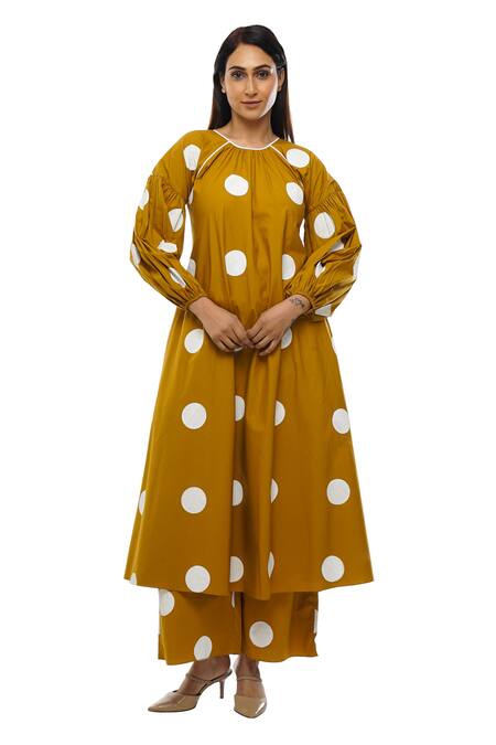 Khat_Yellow Round Neck Polka Dot Dress Pant Co-ord Set _at_Aza_Fashions