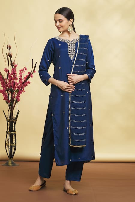 Women Blue Cotton Printed Kurta Trouser With Dupatta VKSKD1447 – Ahika