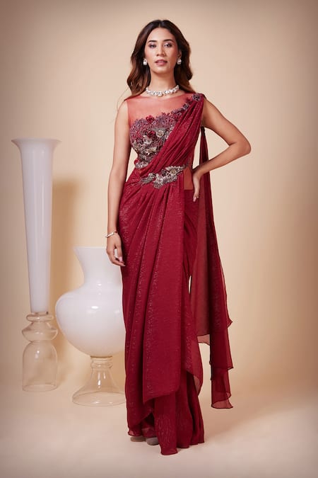 Saaj by Ankita Red Metallic Georgette Embroidered Sequin Boat Neck Saree Gown 