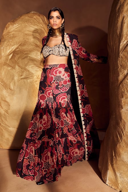 Buy_Bhumika Sharma_Black Georgette Sequins, Zari, Pearls Open Bahaar Print Jacket And Sharara Set _Online_at_Aza_Fashions