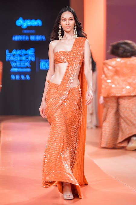 Arpita Mehta Orange Double Georgette Hand Embroidered Sequins Pre-draped Saree With Blouse 