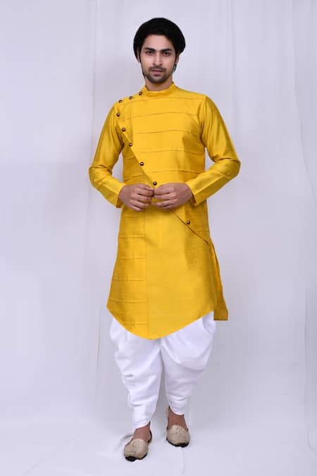 Arihant Rai Sinha Yellow Art Silk Plain Overlap Asymmetric Kurta And Cowl Pant Set