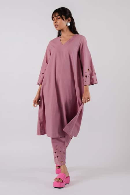 Tussah by Siddhi Shah Purple Cotton Cut-work Circle V Cut Work Bell Sleeve Kurta With Pant  