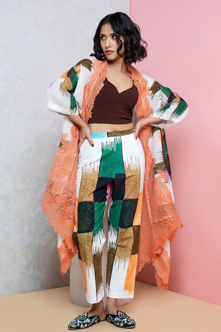 Rhe-Ana Brown Cape  Linen/cotton Blend Printed Overlay And Straight Pant Set  