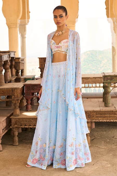 Lashkaraa Blue Satin, Chiffon, Velvet Sequins, Beads, Butterfly Floral Sharara Set