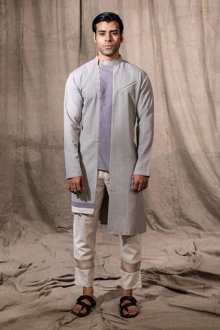 Shreyansh Designs Grey Cotton Linen Blend Solid Asymmetric Colorblock Kurta 