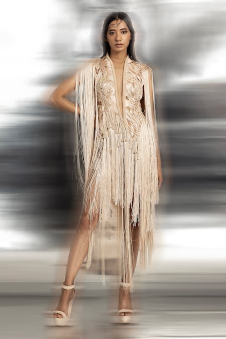 Abhishek Sharma Pink Net, Crepe Beads, Fringe High Neck Yarn Draped Dress 