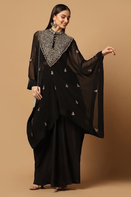 Two Sisters By Gyans Black Cape-georgette And Skirt & Top- Crepe Kaftan Cape With Draped Set 