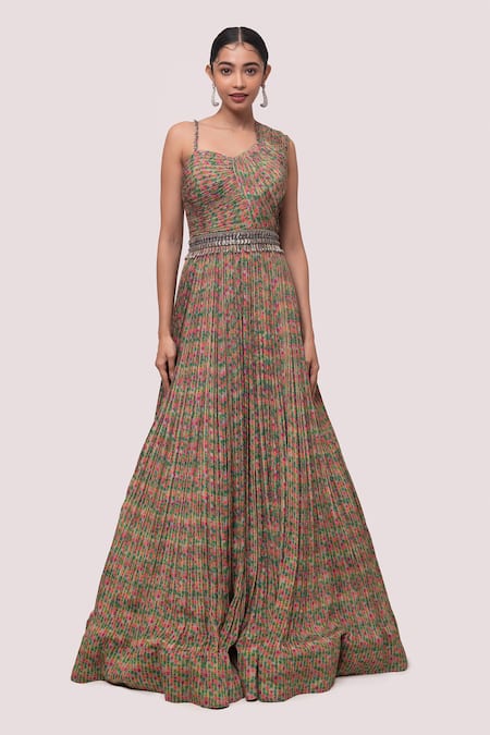 Onaya Beige Georgette Printed And Embellished Geometric Pleated Gown  